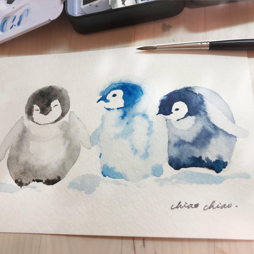 絵画　雪だるまとペンギン 2　A4サイズ　原画　額縁無し 誰でも描けるハガキ絵💕【雪だるま⛄️】初心者・手書き・水彩画