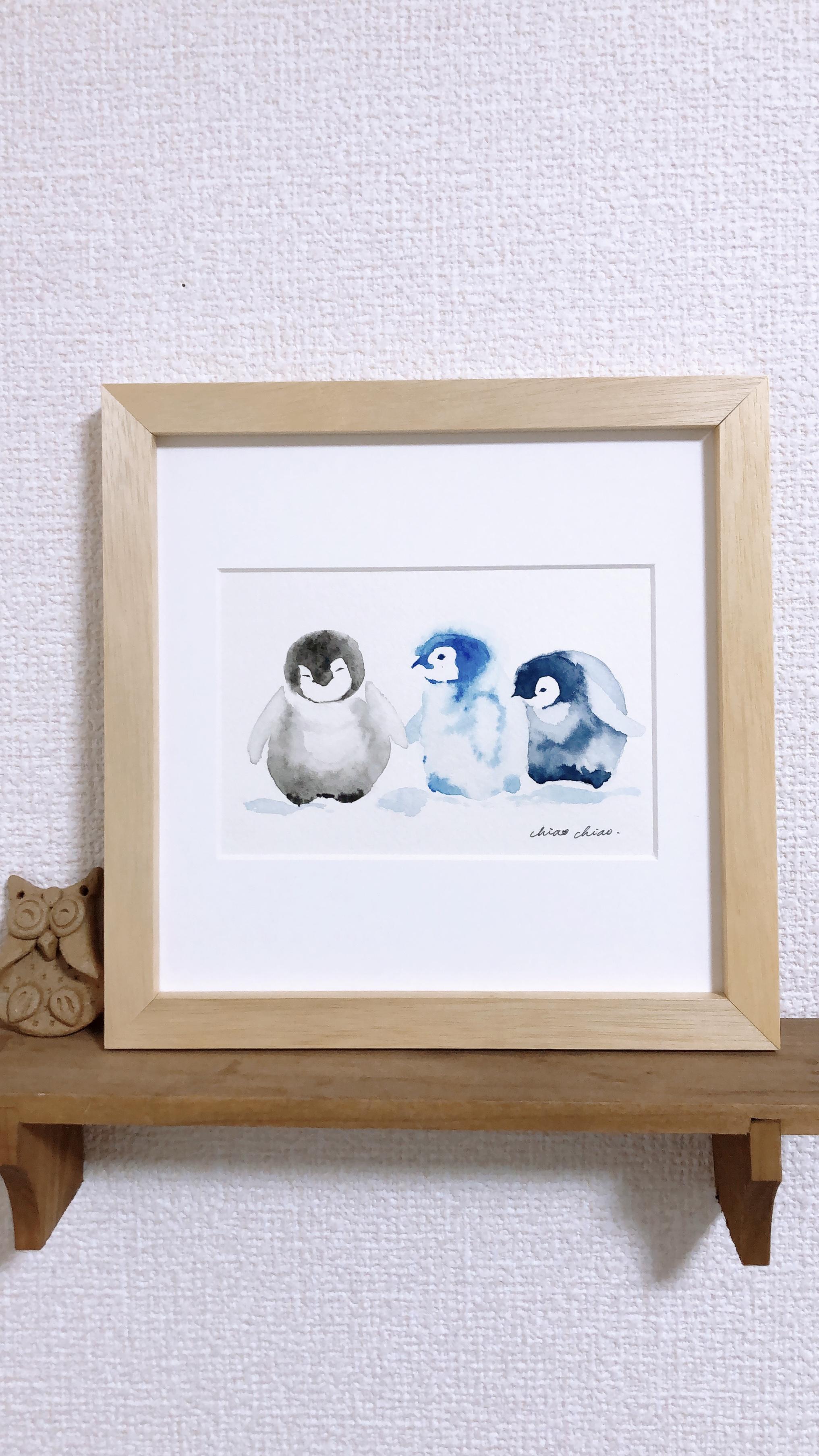 絵画 雪だるまとペンギン 2 A4サイズ 原画 額縁無し 絵画