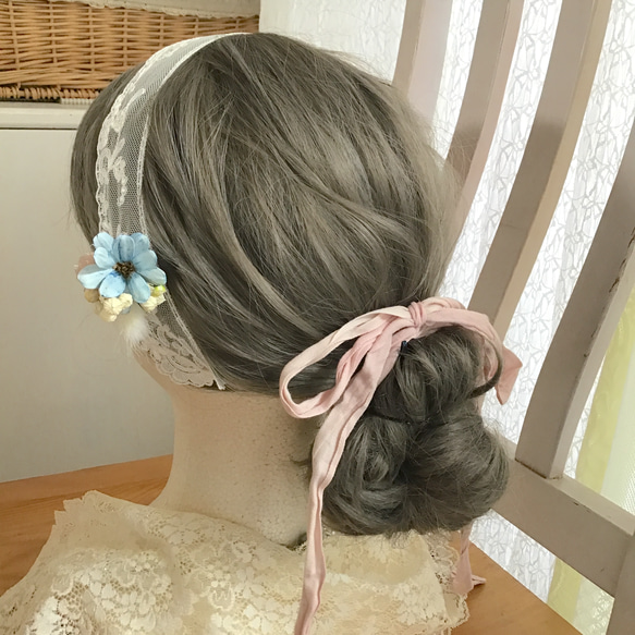 【ヘッドドレス】国産レース　ドライフラワー　ピンク　ヘアアクセ　結婚式　ウエディング　ブライダル　　結婚式397 2枚目の画像