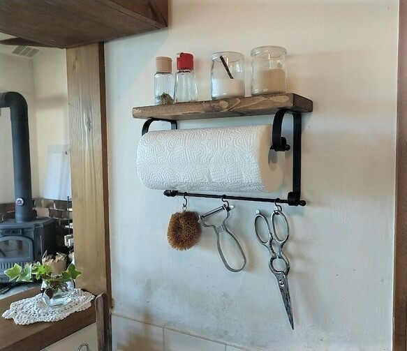 アイアンのキッチンペーパーホルダー(小棚付き）ラージ（コストコ）タイプ、 1枚目の画像