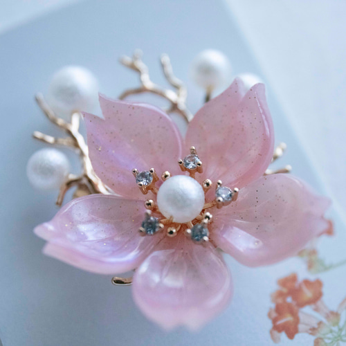 白/ピンク 桜とパール ブローチ お花の色が選べます さくら ブローチ
