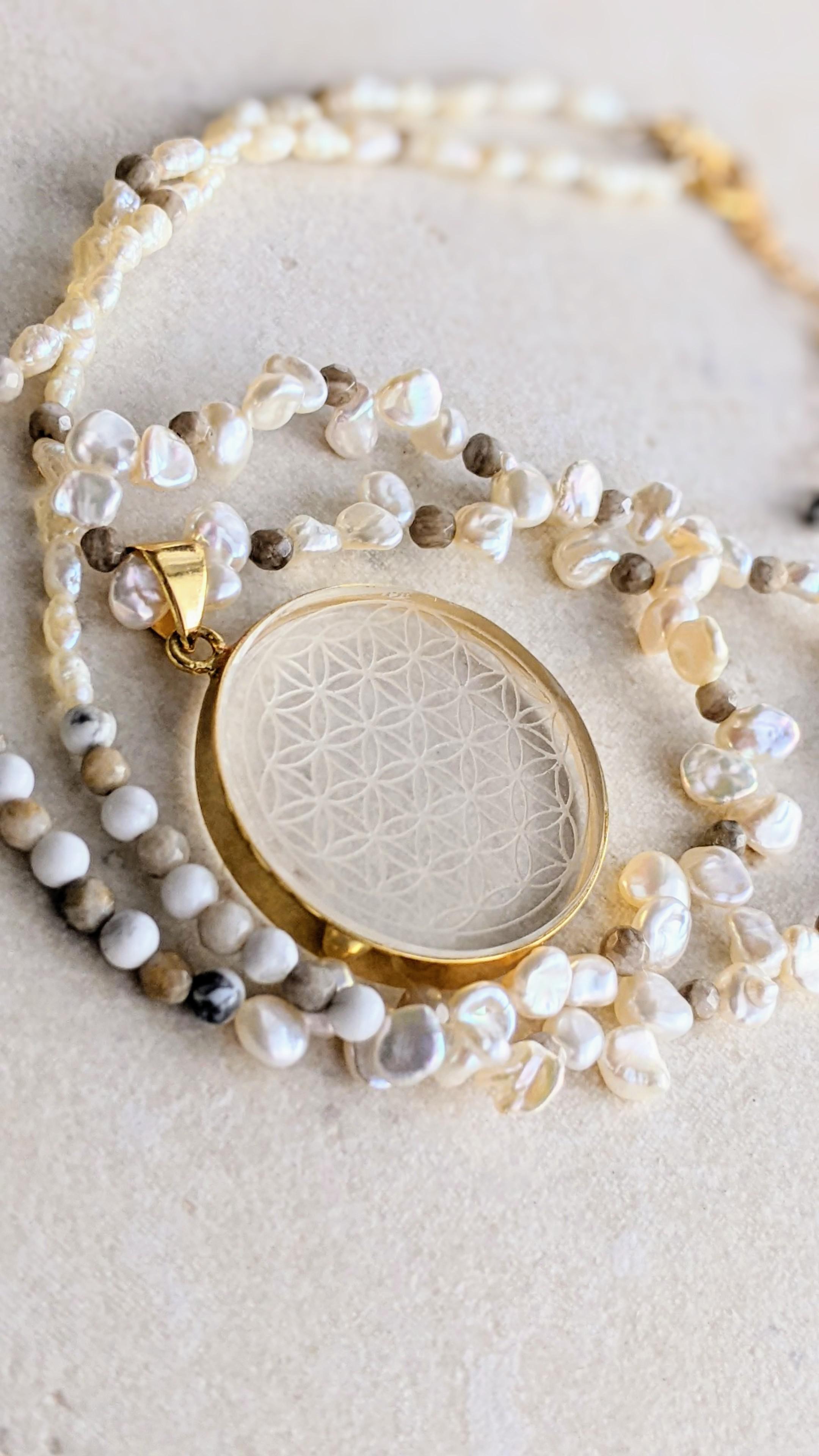 ❃フラワーオブライフ❃天然クリスタル バロックパール淡水真珠ペンダント