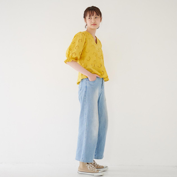 Morino Gakkou 扇形花邊捲袖襯衫【金絲雀黃】短袖蕾絲襯衫 第8張的照片