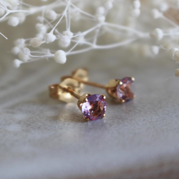 二月生日石，紫水晶&lt;寶石品質AAA&gt;耳釘(K14GF) ✨生日禮物，外出✨ 第1張的照片