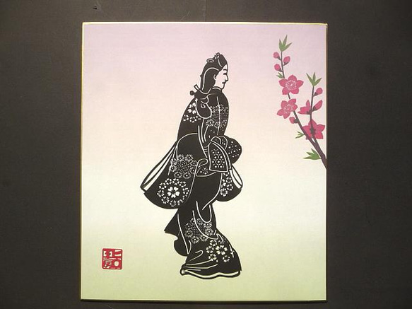 切り絵「見返り美人　カラー色紙　花 1枚目の画像