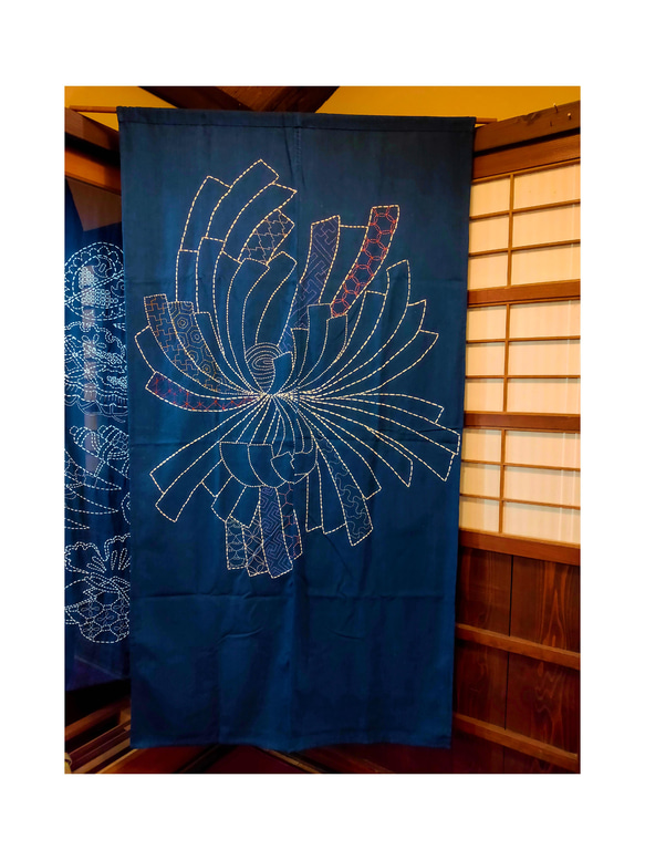 暖簾 本藍染め 刺し子