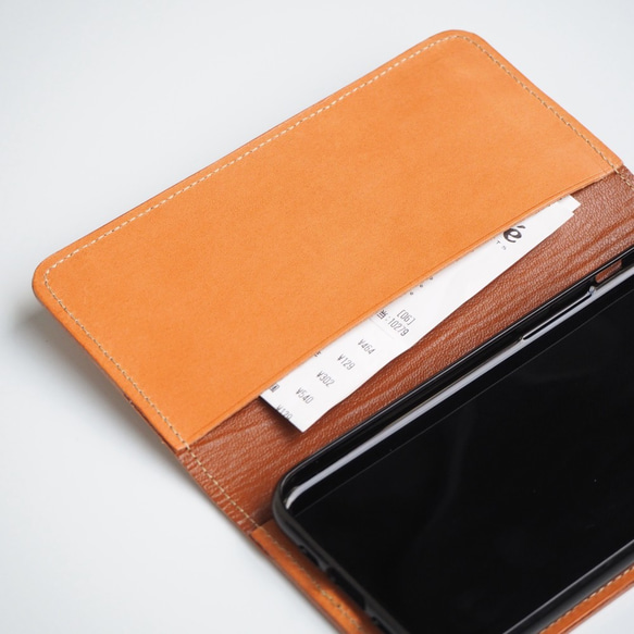 片マチ ファスナーポケット付 iPhoneケース（ダリア ドット）手帳型 牛革 8枚目の画像