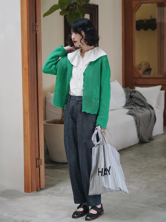 綠色V領鏤空針織開衫|針織衫|外套|春款|Sora-900 第4張的照片