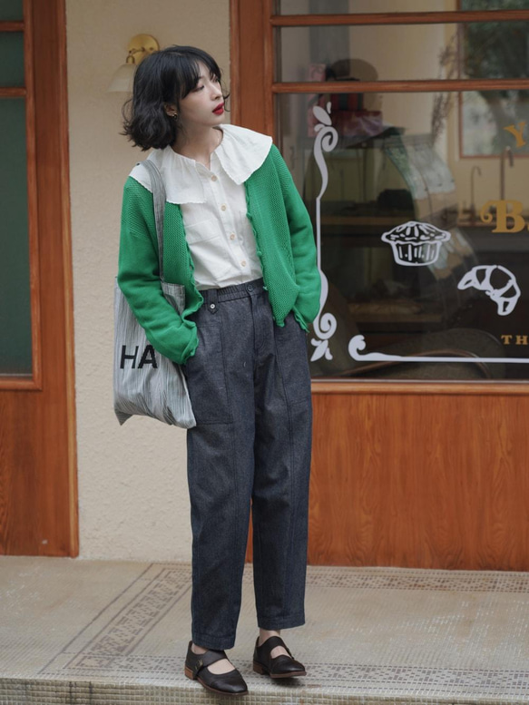 綠色V領鏤空針織開衫|針織衫|外套|春款|Sora-900 第6張的照片