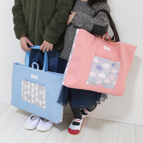 リバーシブル マチ付きレッスンバッグ もこもこフラワー ループ付き