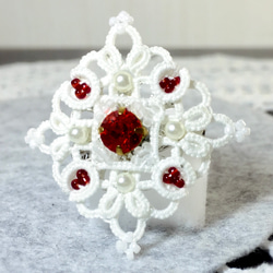 タティングレース　スクエアブローチ　朱赤/tatted square brooch vermilion 5枚目の画像