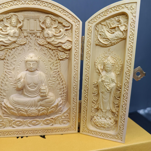 珍品 観音菩薩 三開仏 仏師彫り 木彫仏像 仏教工芸品 仏壇 仏像 木彫
