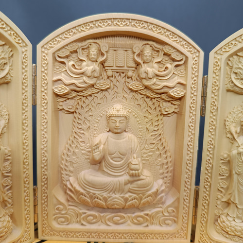 珍品 観音菩薩 三開仏 仏師彫り 木彫仏像 仏教工芸品 仏壇 仏像 木彫