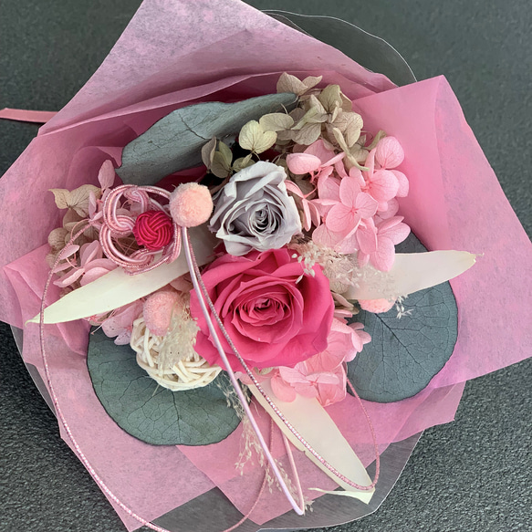 miniブーケ【Hanataba】ももいろ～水引フラワー付～プリザーブドフラワー花束　ピンク　結婚祝　歓送迎　母の日 2枚目の画像