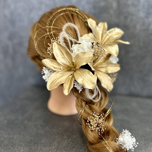 ヘッドドレス 髪飾り 成人式 和装 水引 百合ゴールド 結婚式 白無垢