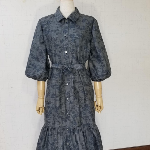 フリルスタンドカラーのワンピースMピンタック大島紬着物リメイク