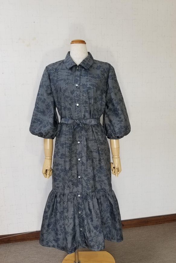 お客様　確認用　大島紬　7マルキ　着物リメイクワンピース ☆着物リメイク☆大島紬 7マルキ ダークブルーのギャザーロング