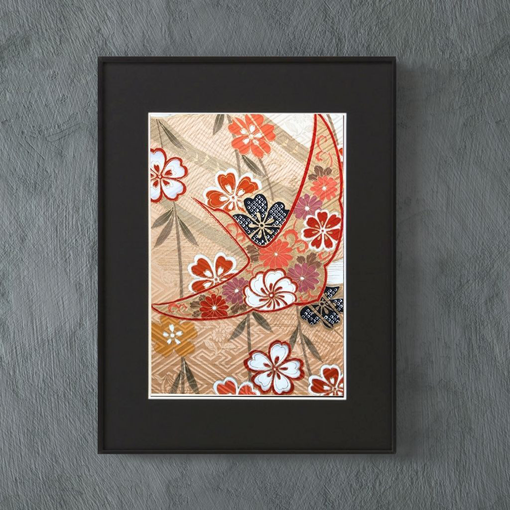 桜を纏った鶴を飾って運を招く【桜鶴】絹100%のアート