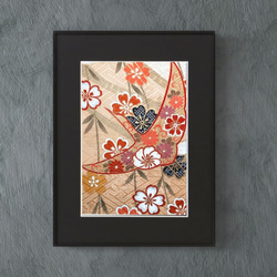 【飾る縁起物】シルク100%のアート 【作品名：桜鶴 -金色-】着物 贈り物 模様替え リビング 部屋 壁飾り 1枚目の画像