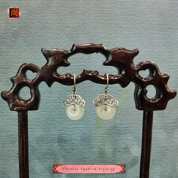 中國復古手工女式耳環 銀925 和田玉民族風#108 第2張的照片