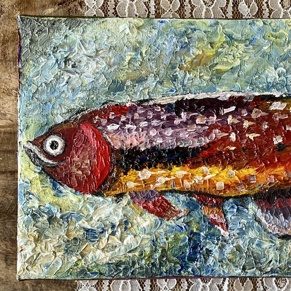 油絵　原画　一点物　魚　アロワナ　ゴールド　アート　ポップ　インテリア　F4 油絵・インテリア絵画/アロワナ＊1点もの 絵画 mugi-no-ouchi 通販