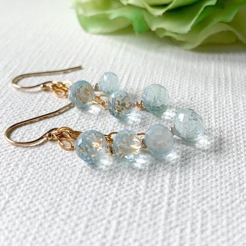 14kgf*アクアマリンのしゃらしゃらピアス／イヤリング*天然石