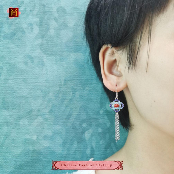 中國復古手工女式耳環 銀925 南紅瑪瑙琺瑯彩民族風#109 第6張的照片