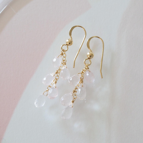 14kgf：ローズクォーツのシンプル5粒ピアス（イヤリング）№9126 桜