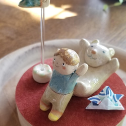 陶の五月人形B（男の子とクマ）Japanese boy figurines 2枚目の画像