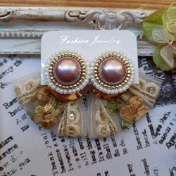 インド刺繍リボン ピアス/イヤリング フラワー おおぶり メタリック