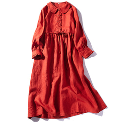 長袖リネンワンピース 可愛い襟 前と袖口にフリル ワンピース