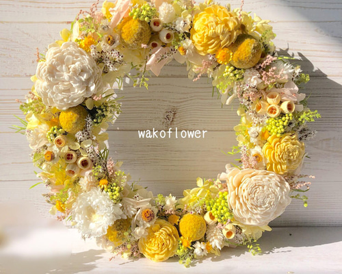 ミモザイエローのナチュラルドライフラワーリース《24cm》春色 ドライ