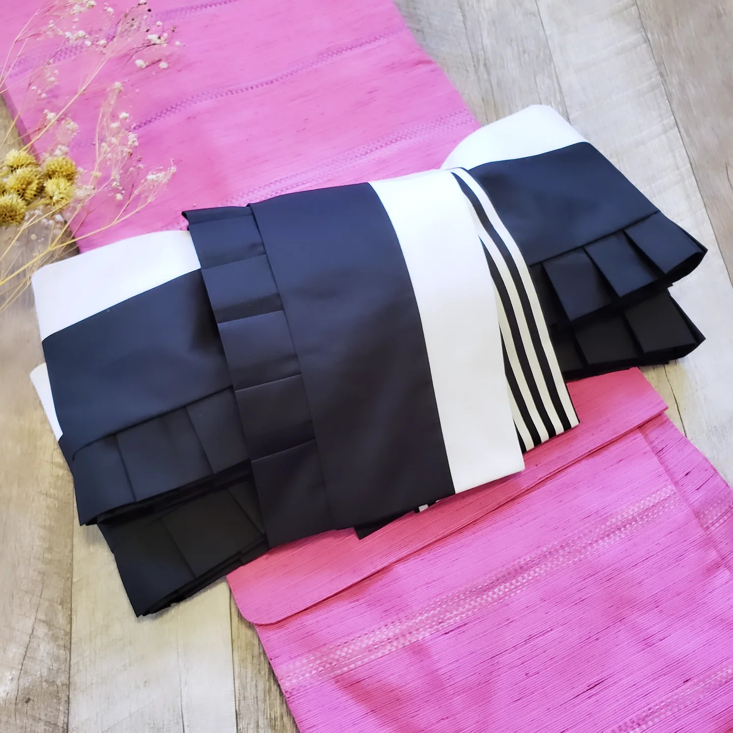 【オリジナル半幅帯】 モノプリとストライプ/ 着物 和装 帯 白 黒 モノクロ オリジナル