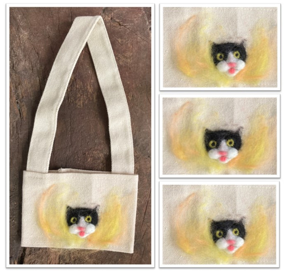 羊毛氈刺繡設計款環保飲料袋-繪本風/放空中的貓 第1張的照片