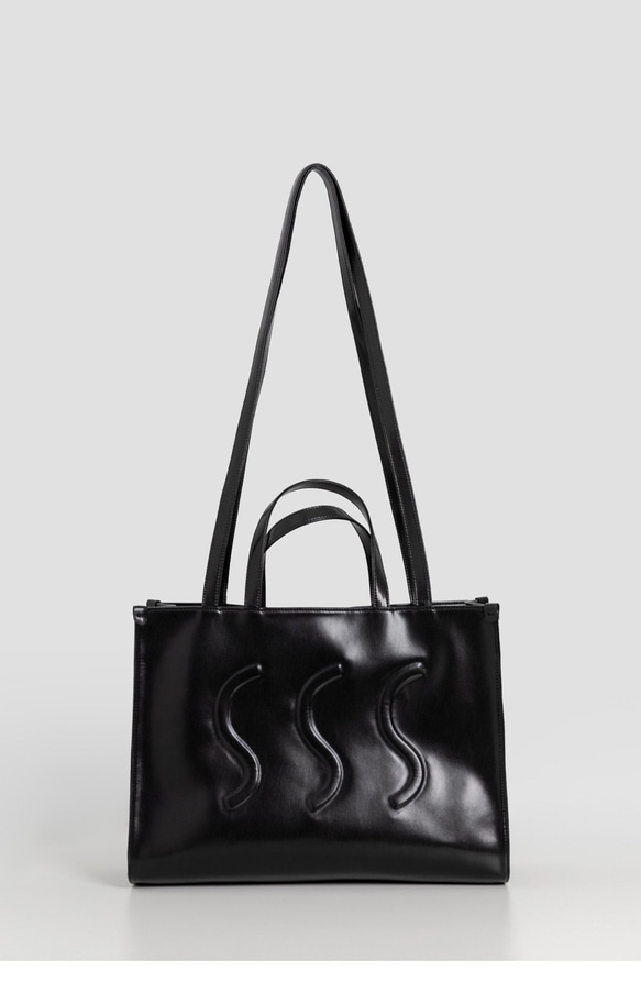 黑色 OOSS 壓模幾何凸紋 褶皺紋理牛皮購物袋 多用手提單肩斜挎包 第10張的照片