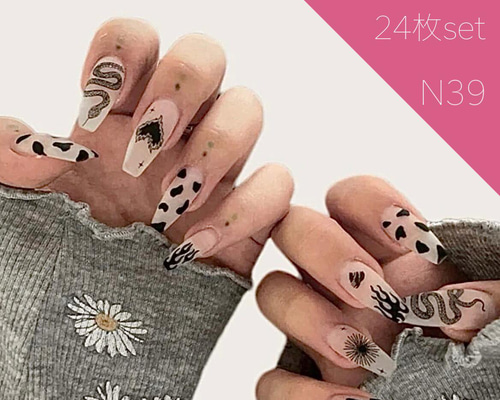 【専用ページ】ネイルチップ3点 N39》既成ネイルチップ24枚セット マット 半透明 強め 蛇 ハート 炎 黒