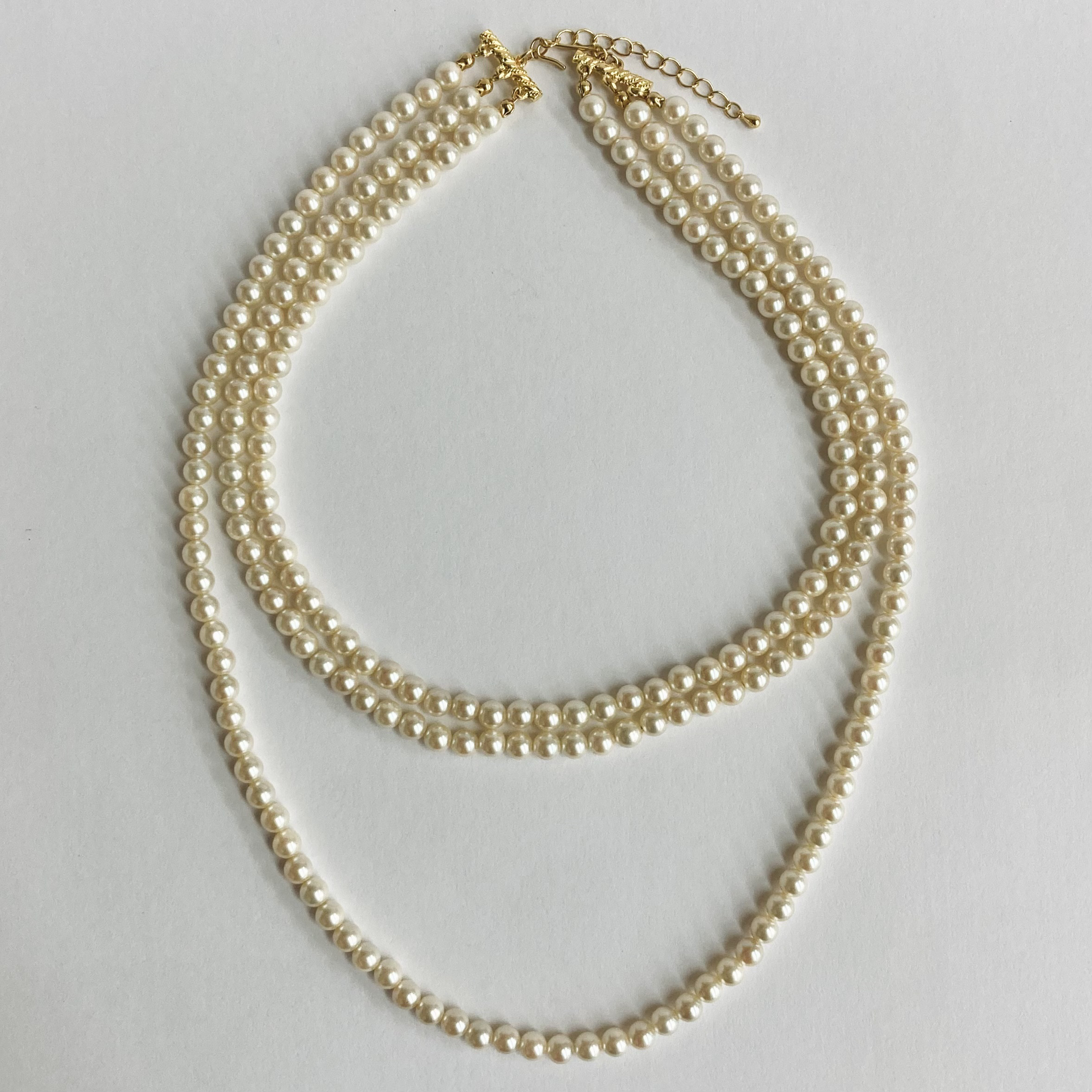 貝パール3連デザインネックレス/6mm約42/44.5/55cm/クリームツートン/G/made in japan
