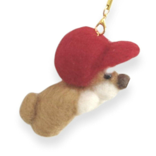 羊毛フェルト【犬】赤い帽子を被った柴犬ストラップ(キーホルダー