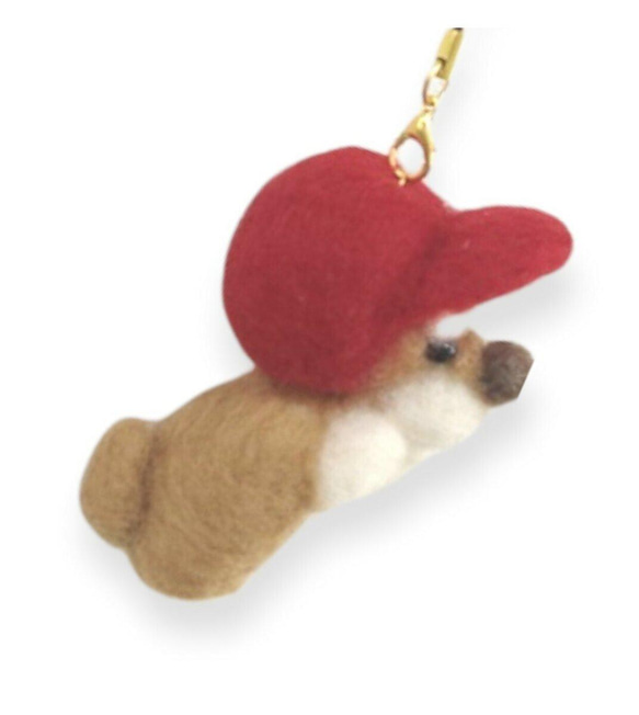 羊毛フェルト【犬】赤い帽子を被った柴犬ストラップ(キーホルダー) 2枚目の画像