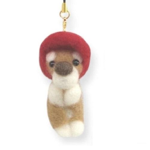 羊毛フェルト【犬】赤い帽子を被った柴犬ストラップ(キーホルダー