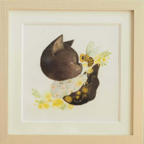 黒猫とミモザとハチと 「 ふわっと 」 絵画 モリカナコ(mori