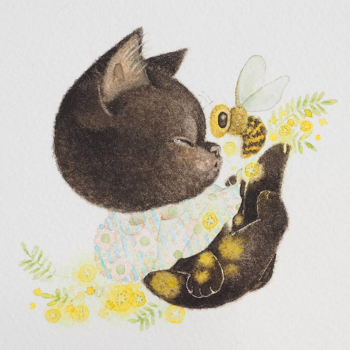 黒猫とミモザとハチと 「 ふわっと 」 絵画 モリカナコ(mori