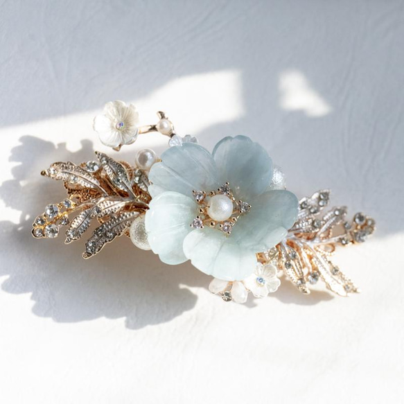 天然石アクアマリンの花海棠 バレッタ ヘアアクセサリー 天然石アクアマリンの花海棠 バレッタ ヘアアクセサリー