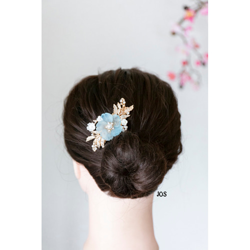 天然石アクアマリンの花海棠 バレッタ ヘアアクセサリー