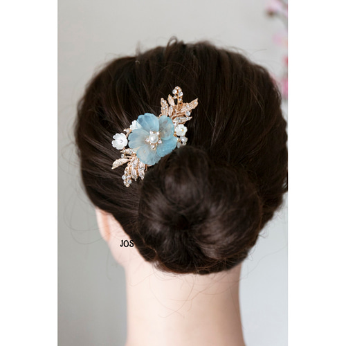 天然石アクアマリンの花海棠 バレッタ ヘアアクセサリー