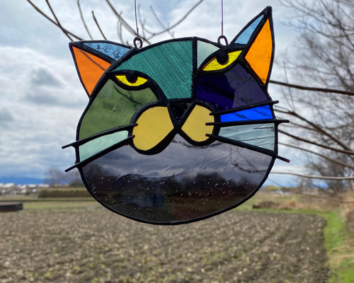 猫図鑑【黒猫】《猫サンキャッチャー》ステンドグラス サン
