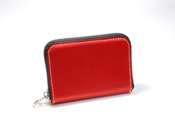 カードケース　コンパクト財布　小さい財布　ミニ財布　革財布　手のひらサイズ　手縫い　赤 ラウンドファスナー 5枚目の画像
