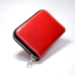 カードケース　コンパクト財布　小さい財布　ミニ財布　革財布　手のひらサイズ　手縫い　赤 ラウンドファスナー 3枚目の画像