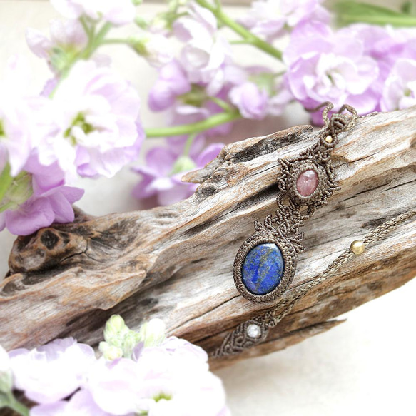 ロードクロサイト＆ラピスラズリ連結マクラメネックレスmac264天然石  