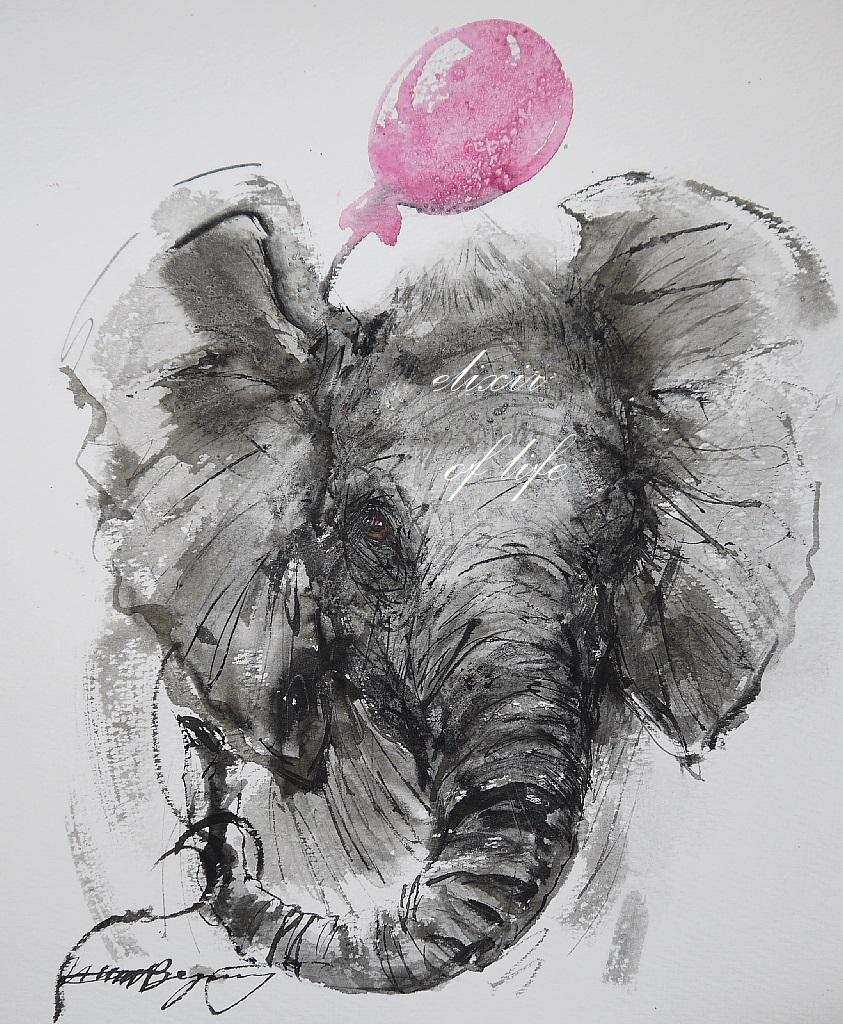 作品 : 手向け 絵 絵画 象 ゾウ ぞう ヒマワリ 縁起絵 アート